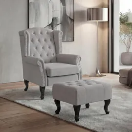MCW Ohrensessel Chesterfield Stoff/Textil 0 x 0 x 0 cm Grau mit Ottomane