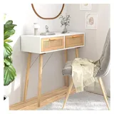 vidaXL Konsolentisch 80x30x75 cm Weiß Massivholz Kiefer Natur-Rattan