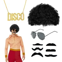 QSZHSL 9 Stück 70er Jahre Bekleidung Herren, Hippie Kostüm Set, Hippie Kostüm Perücke Zubehör, 70er 80er Jahre Verkleidung Hippie Outfit, Afro Perücke, Für Cosplay, Halloween, Kostümfeste (9 Stück)
