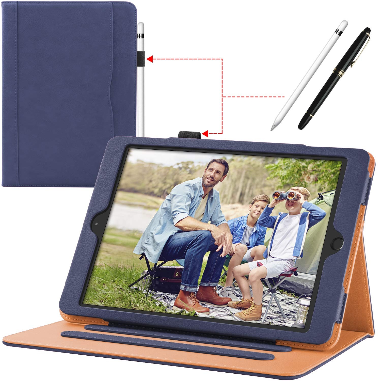 iPad 9.7 Zoll 2018/2017 (5. / 6. Generation) Hülle Leder, Leichte Ständer Schutzhülle Case Cover Mit Pencil Pen Stifthalter Halter Steckplatz Auto Schlaf/Wach Funktion für Apple iPad Air 2/Air 1, Blau