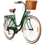 Bergsteiger Marseille 26 Zoll 28 Zoll Damenfahrrad, ab 150 cm, Korb aus Rattan, Fahrrad-Licht, Damen-Citybike, Damenrad im Retro-Design, 6 Gang Shi... - Grün