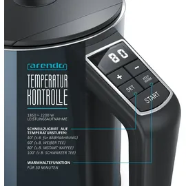 Arendo Wasserkocher mit Temperatureinstellung 40 - 100 °C, Edelstahl, LED-Display, 1,5L, 2200W, Doppelwand Design, BPA-frei, blau matt - Blau