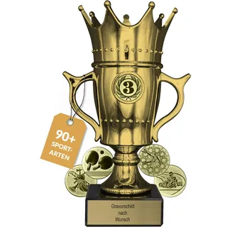 pokal-fabrik.de - Pokal mit Gravur Wunschtext in Gold mit Krone, 21,5 cm groß - personalisierte Auszeichnung & Sport Emblem nach Wahl - inkl. Marmorsockel - Geschenk-Trophäe | Pokal Kinder