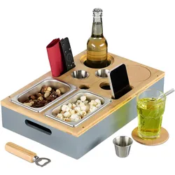 Relaxdays Couchbar, Bambus, 2 Snackschalen, 3 Dipschalen, Edelstahl, Getränke- & Weinglashalter, Sofabar, grau/natur
