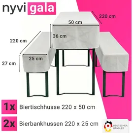nyvi Biertischhussen Set NYVIGala Weiß - 3-teiliges Hussen-Set für Bierzeltgarnitur - Tischhusse für 220x25 cm Sitzbänke - Weiß