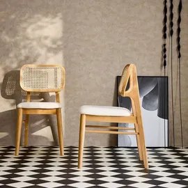 sweeek - 2er-Set Stühle aus Hevea-Holz, Rohrgeflecht und Stoff - Eichenfarben - Beige