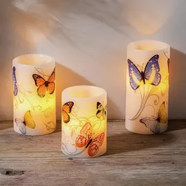 Hi LED-Echtwachskerzen mit Schmetterlingsmotiv, 3er Set