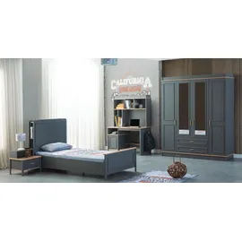 aea Kinderzimmermöbel Kinderzimmer Bett Kinderbett Grau Holz Set 4tlg - Grau