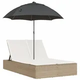 vidaXL Doppel-Sonnenliege mit Kissen & Sonnenschirm Beige Poly Rattan