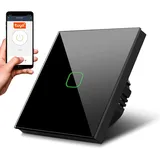 Maclean Brackets Maclean MCE716B Smart WiFi Touch Lichtschalter Kompatibel mit Tuya APP Wandschalter Glas Schalter mit Farbwechsel LED Hintergrundbeleuchtung Einbauschalter 85x85mm (1-Fach Eckig, Schwarz)