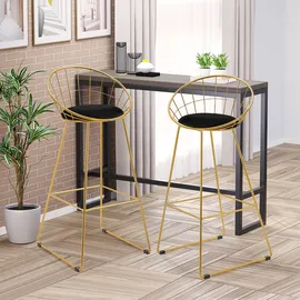 Homcom 2er-Set Barhocker mit Rückenlehne Barstuhl Bistrohocker Tresenhocker für Küche Esszimmer, Metall Samt-Touch-Polyester-Gewebe Gold+Schwarz