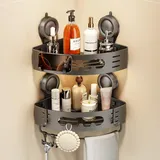 Voldra Duschablage Ohne Bohren, Duschregal Ecke Saugnapf Bogenförmiges Badezimmer Regal Wand Duschkorb mit Handtuchhalter Eckregal Bad Ablage Dusche Metall Regal Duschkorb Ohne Bohren(2 Stück, Grau)