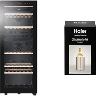 Haier HWS79GDG Weinkühlschrank + Premium Thermo-Weinkühler / 79 Flaschen/Höhe 127 cm/hOn-App / 2 Zonen/UV-undurchlässige Glasscheib/Anti-Vibrationskompressor/LED- Beleuchtung/Schwarz
