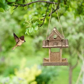 Relaxdays Vogelfutterhaus Holz, zum Aufhängen, Garten, Vogelfutterspender Kleinvögel, Hxbxt 25 x 17,5 x 16 cm, Natur