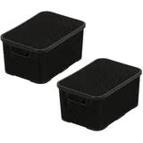 BranQ - Home essential Korb mit Deckel in Rattan Design 2er Set Grösse S 7l, BPA-frei Kunststoff PP, Schwarz, 28,5x19,5x12,9 cm, 2 Stk.