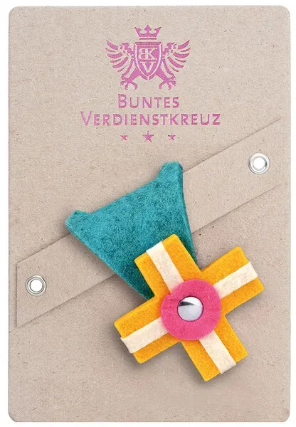 Anstecker Buntes Verdienstkreuz vonbox lagune/gelb blau, Designer Ilja Oelschlägel, 7.5x5.5x0.8 cm