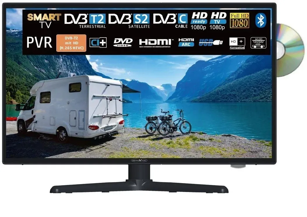 Reflexion 24 Zoll Smart Wide-Screen Full HD LED-Fernseher für Wohnmobile mit DVB-T2 HD, DVD-Player, Bluetooth, Triple-Tuner und 12 Volt KFZ-Adapter (12 V/24 V, HDMI, USB, DVB-T Antenne), Schwarz