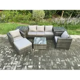 Fimous Wicker 7-stücke Rattan Gartenmöbel Sofa Set Mit Sessel 2 Beistelltische Quadratischer Couchtisch Großer Fußhocker Dunkelgrau Gemischt