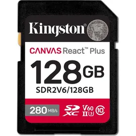 Kingston Canvas React Plus V60 SDXC UHS-II 280R/100W U3 for Full HD/4K, 128 GB, SDXC, Klasse 10, UHS-II, 280 MB/s, 100 MB/s