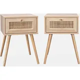 sweeek - 2er-Set Nachttische mit Holzlook und Rohrgeflecht