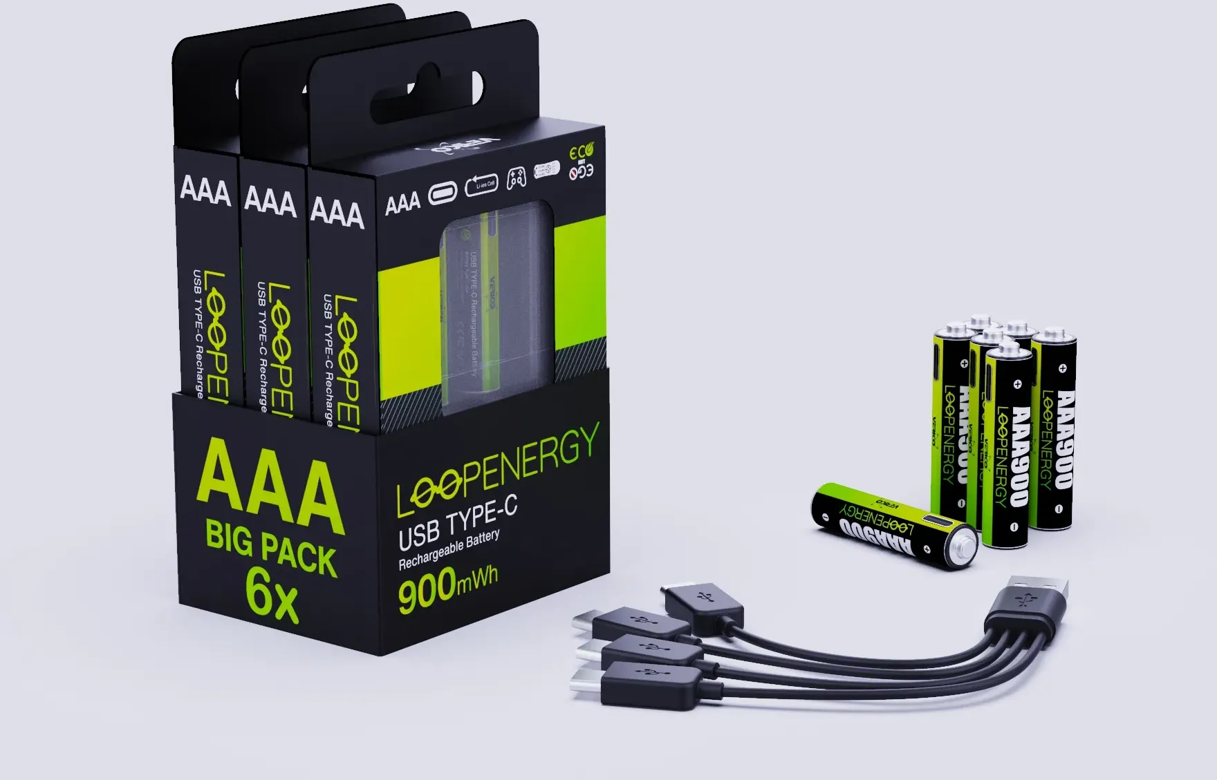 VERICO LoopEnergy 6-Pack AAA - USB Type-C. AAA 1,5V 900mWh 600mAh Li-Ion, 3x2er Pack, enthält 3 Type A zu 2 Type C aufladekabel
