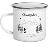 Angeler Tasse personalisierte Emaille Tasse mit Namen Kaffeetasse Angler, Geschenkidee für Angler, Emaille Becher mit Namen und Spruch Petri Heil, Schwarz/Weiß