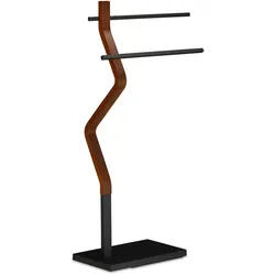 Relaxdays Handtuchhalter stehend, Handtuchständer, 2 Stangen, für Hand- & Geschirrtücher, Holz & Metall, schwarz/braun