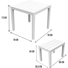 Dmora Outdoor-Lounge-Set Dkabash, Gartenset mit 1 quadratischem Tisch und 2 Bänken, Picknickset für drinnen und draußen, 100 % Made in Italy, Weiß - Weiß