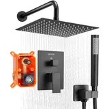 Vevor Duscharmatur Regenduschsystem fürs Badezimmer Duschsystem mit 254 mm quadratischen Regenduschkopf & Handbrause, wandmontierte Badezimmerarmaturen mit Messingventil & Zierset, Mattschwarz
