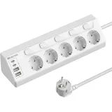 Ecksteckdose Schreibtisch mit USB C, Steckdosenleiste mit Einzeln Schalter, 5 Fach Ecksteckdosenleiste mit 4 USB, Steckerleiste Mehrfachsteckdose mit 2M Kabel, Überspannungsschutz- Weiß