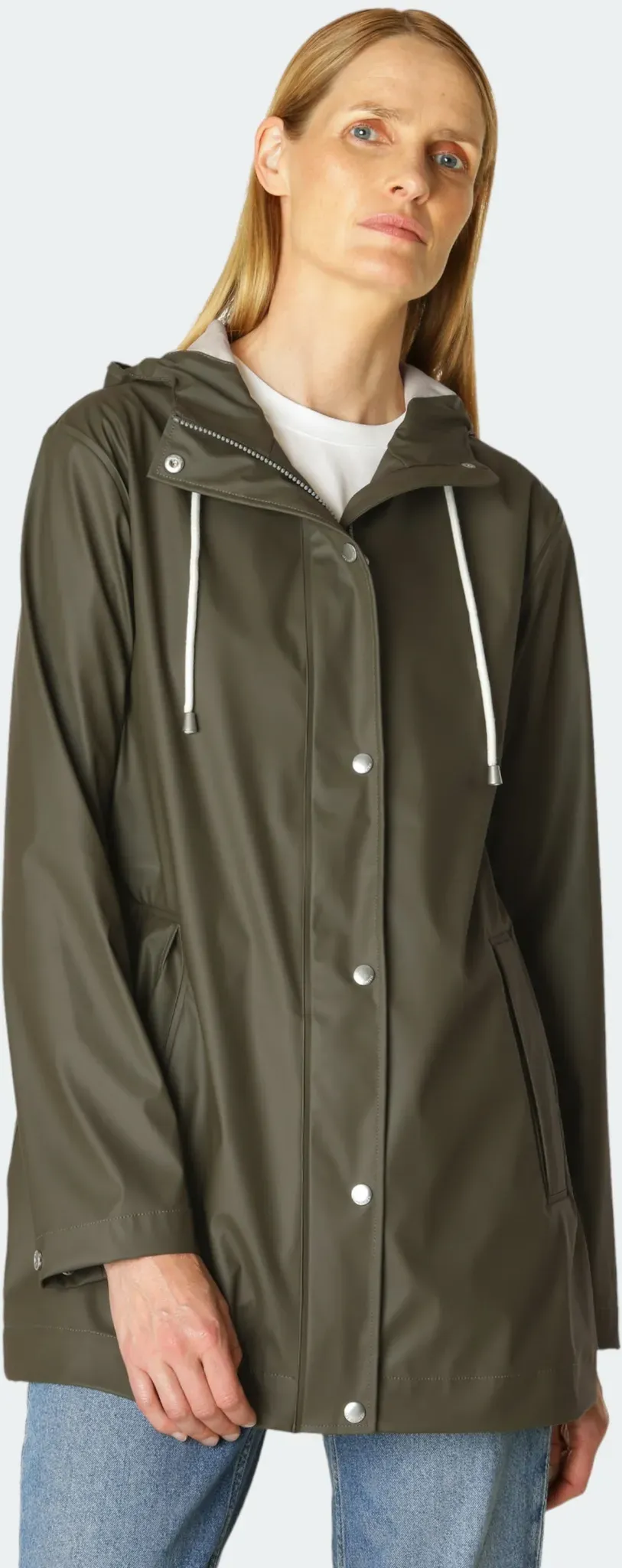 Regen- und Matschjacke ILSE JACOBSEN "RAIN228FR", Damen, Gr. 36, grün (army), Obermaterial: 100% Polyester; Beschichtung: Polyurethan; Futter: 100% Polyester, casual, loose fit, Langarm verstellbar abgerundeter Saum, Jacken, PU-Beschichtung, Baumwolltrikot, 5000 mm Wasserdichtigkeit