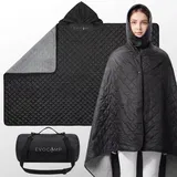 evocamp Outdoor-Decke, ultraleichte, warme Campingdecke, wasserabweisend, Windschutz, 200x140 cm, Thermodecke mit Fleecefutter, Poncho-Liner, Stadiondecke, mit Tasche 33xØ16 cm, 880 g, Schwarz-Grau