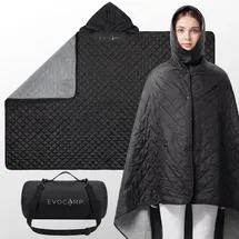 evocamp Outdoor-Decke, ultraleichte, warme Campingdecke, wasserabweisend, Windschutz, 200x140 cm, Thermodecke mit Fleecefutter, Poncho-Liner, Stadiondecke, mit Tasche 33xØ16 cm, 880 g, Schwarz-Grau