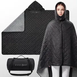evocamp Outdoor-Decke, ultraleichte, warme Campingdecke, wasserabweisend, Windschutz, 200x140 cm, Thermodecke mit Fleecefutter, Poncho-Liner, Stadiondecke, mit Tasche 33xØ16 cm, 880 g, Schwarz-Grau