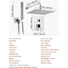 Vevor Duscharmatur Regenduschsystem fürs Badezimmer Duschsystem mit 254 mm quadratischen Regenduschkopf & Handbrause, wandmontierte Badezimmerarmaturen mit Messingventil & Zierset, Silberchrom