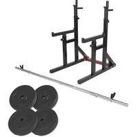 GORILLA SPORTS® Squat Rack - mit Langhantel Set, 30mm / 50mm, Langhantelstange und 30kg Hantelscheiben, Verstellbar, mit Dip-Griffen - Langhantelablage, Hantelständer, Kniebeugenständer