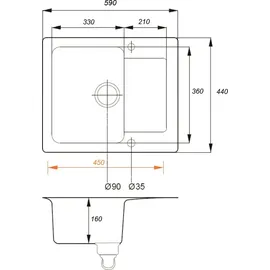 Manestein Spülbecken, Küchenspüle Granit, Einbauspüle, Abtropffläche, Einzelbecken mit Siphon, Graphit - Schwarz Gesprenkelt
