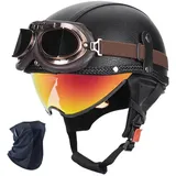 YHQUDGWT Halbschalenhelm mit ECE, Retro Motorradhelm mit Schnellverschlussschnalle, Versteckte Schutzbrille, ABS-Schale, für Erwachsene Männer und Frauen, Chopper, Scooter, Moped