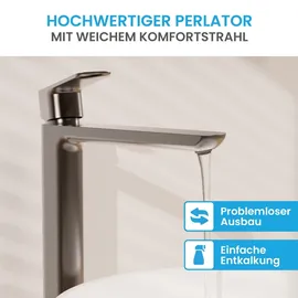 Bächlein Badarmatur Mizarela hoch in klassischem Design, Einhebelmischer für Aufsatzwaschbecken mit langlebiger Keramikkartusche und Montage-Set, Bad Wasserhahn Anthrazit - flacher Auslauf