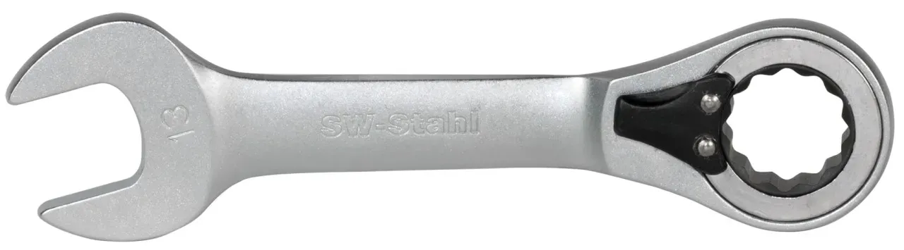 Extra Kurzer Gabelringratschenschlüssel, Chrom-Vanadium, mattverchromt - von SW-STAHL, ideal für eng