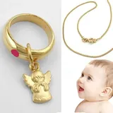 Echt Gold 585 Baby Mädchen Taufe Engel betend Taufring Rubin Edelstein rosa rot