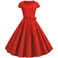 Mittelalter Kleid Damen Strandkleid Damen Lang Kleid Damen Elegant Für Hochzeit Vintage 50Er Jahre Einfarbig V-Ausschnitt Kurzarm Rockabilly A-Line Swing Kleid Mit Gürtel (Rot, M)