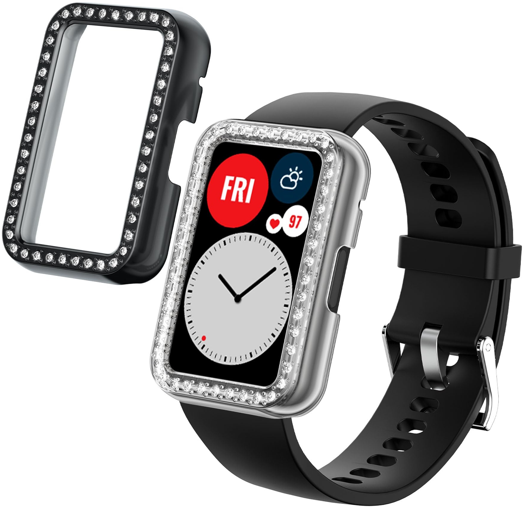 kwmobile 2X Kunststoff Hülle kompatibel mit Huawei Watch Fit Schutzrahmen - Glitzer Schutzhülle in Transparent Schwarz