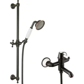 PaulGurkes Nostalgie Wannenarmatur Aufputz Retro schwarz Armatur Duschstange Set