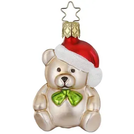 INGE-GLAS Christbaumschmuck Teddy Bär 7cm mundgeblasenes Glas handbemalt - Kuschelbär zum Aufhängen Beige Rot - Weihnachtsbaum Anhänger Teddybär mit Nikolausmütze - Weihnachtsbaumschmuck