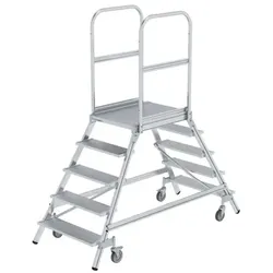 Podestleiter 5 Stufen, fahrbar, Aluminium/Aluminium