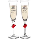 AMAVEL 2er Set Sektgläser mit roten Herzen und Gravur, Mr. & Mrs., Personalisiert mit Namen und Datum, Kussmund und Schnurrbart, Füllmenge: 200 ml