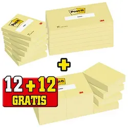 12 + 12 GRATIS: Post-it® Notes Haftnotizen-Set 654655P gelb 12 Blöcke + GRATIS 12 Blöcke Haftnotizen 5,1 x 3,8 cm