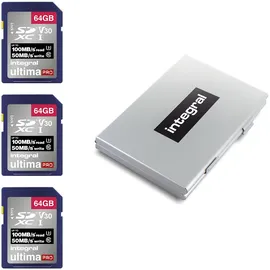 Integral 64 GB 3-Pack SD-Karte 4K Ultra-HD-Video High Speed SDXC V30 UHS-I U3 Class 10 Speicherkarte bis zu 100 MB/s, Farbe kann variieren