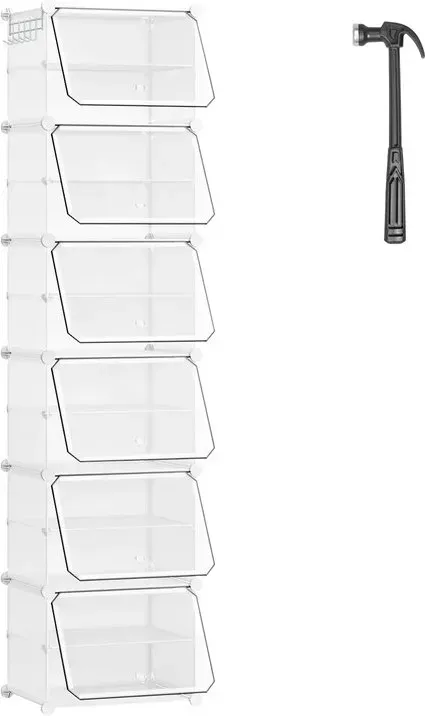 eSituro Stapelbares Schuhregal, DIY Regal mit 12 Fächern, mit Türen und Haken, für 12 Paar Schuhe, aus PP-Platten, mit Hammer, Weiß